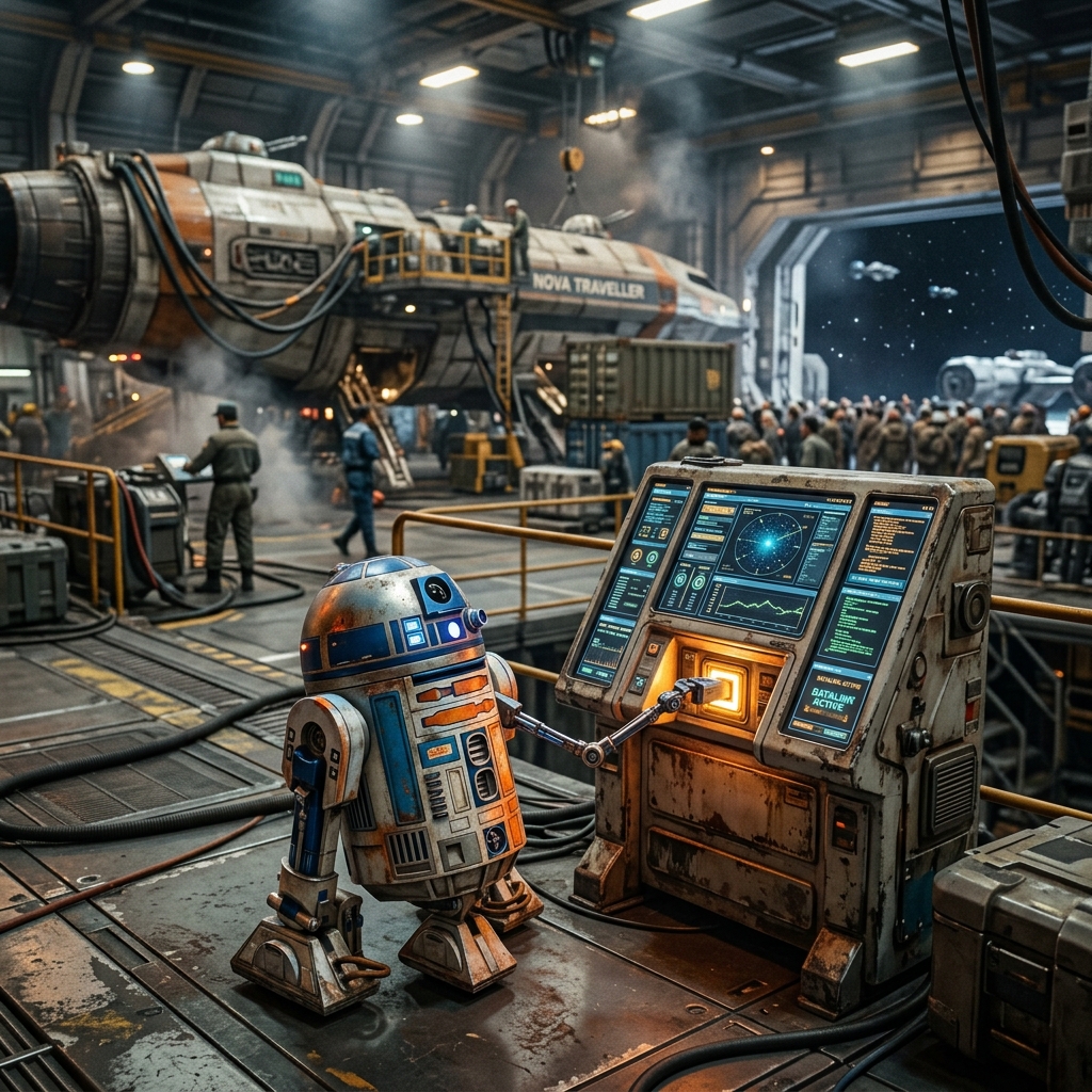 Droide astromecânico conectado a um terminal no hangar