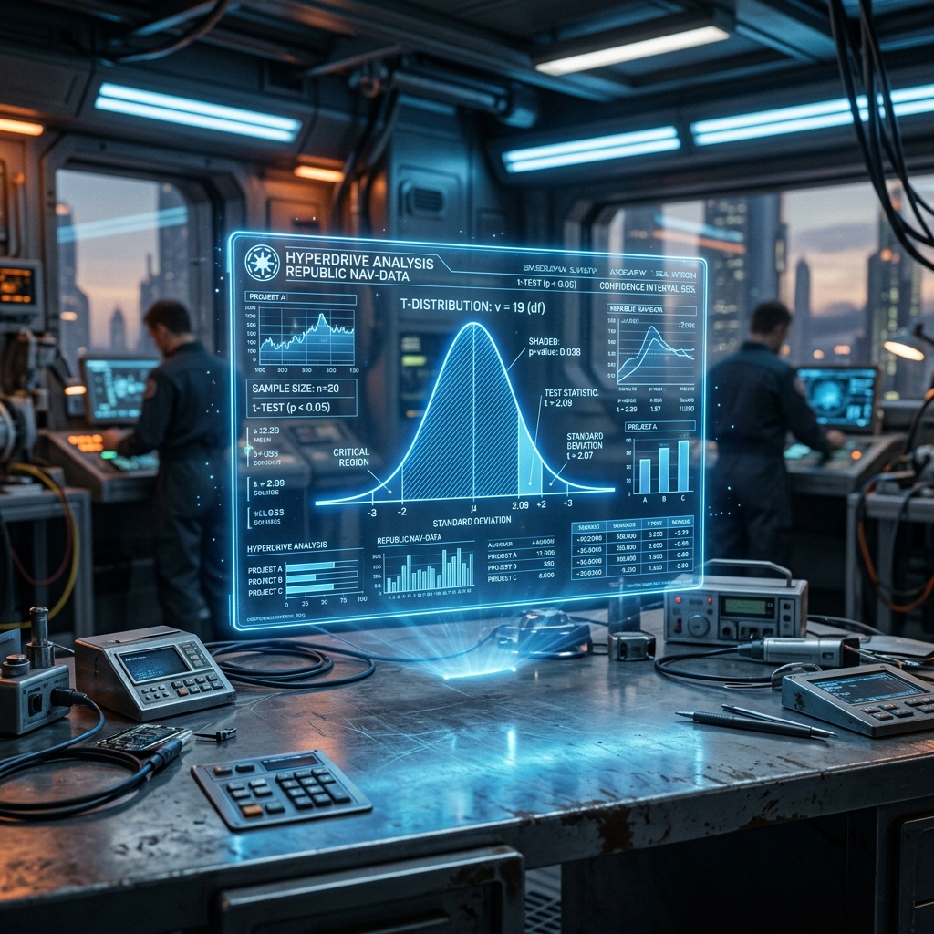 Datapad holográfico com a curva T de Student e cálculos táticos