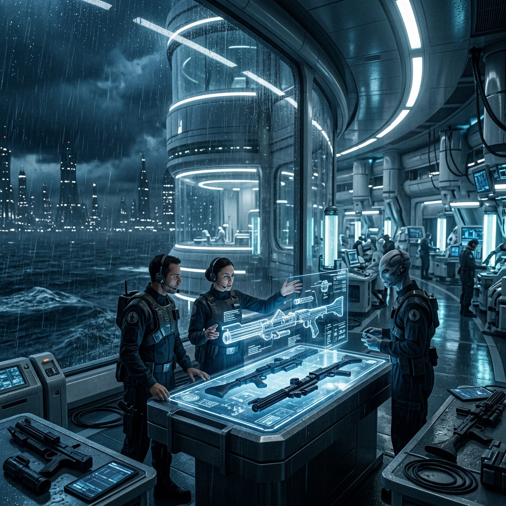 Complexo de clonagem em Kamino com engenheiros analisando blasters