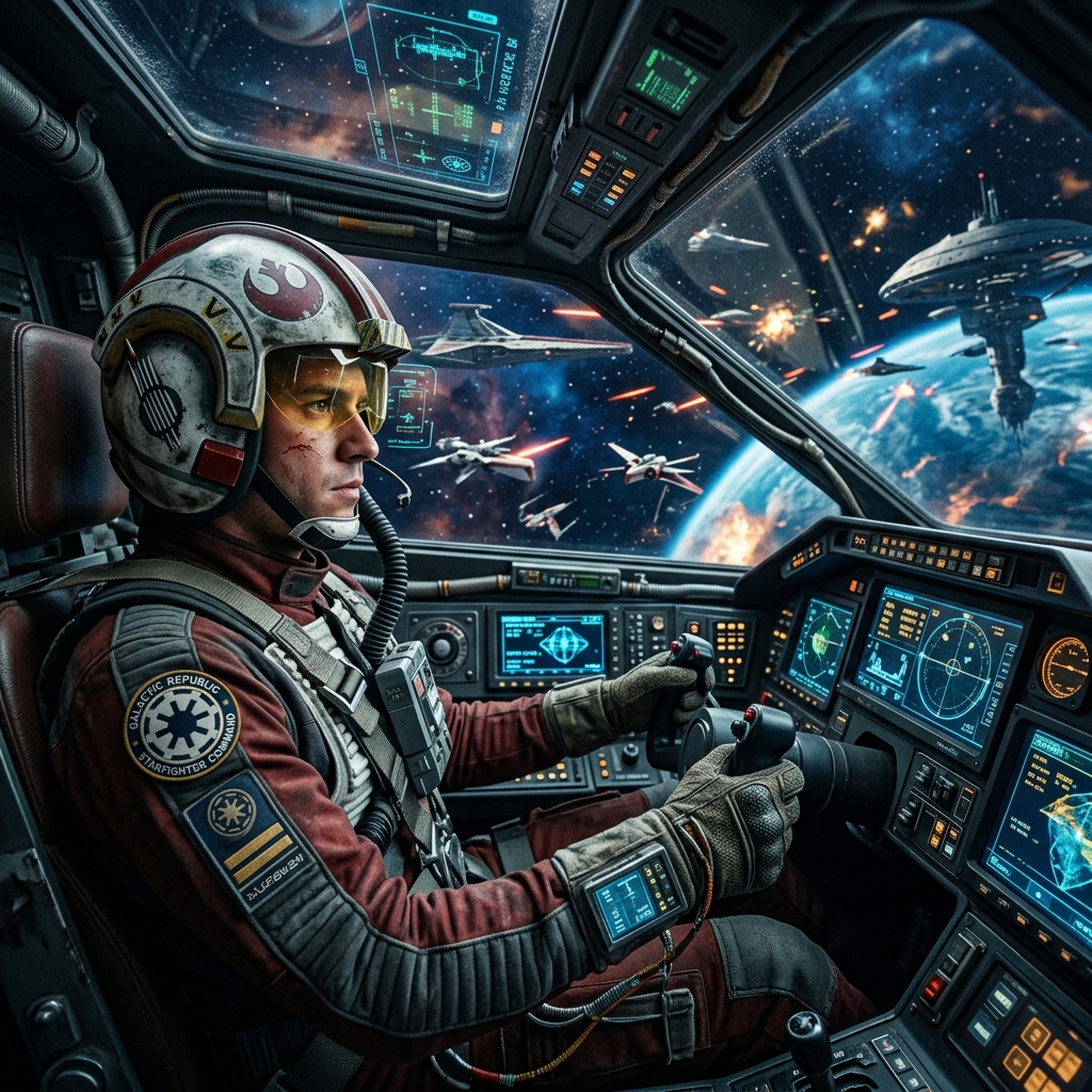 Piloto da República no cockpit de um caça estelar